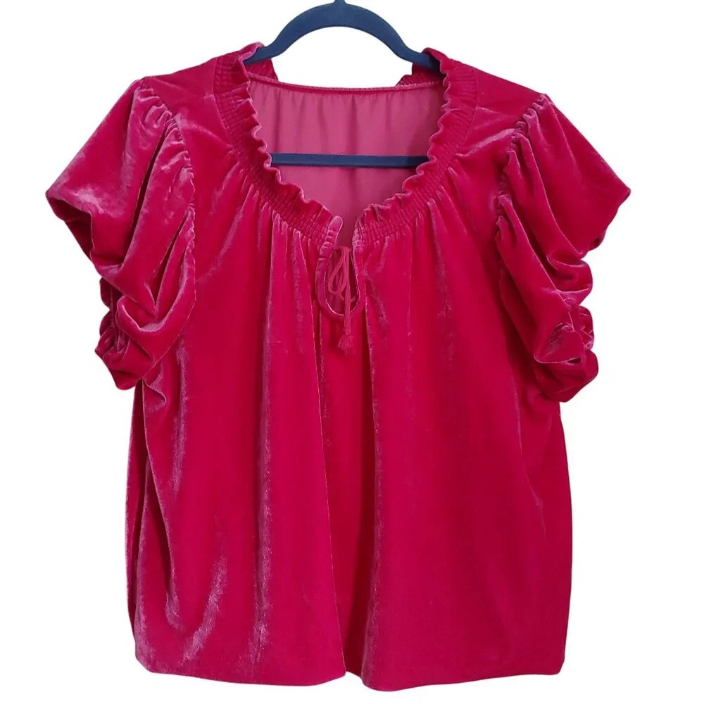 Free People Terese Velvet Short Sleeve Top Ruffle Coquette Twee Barbiecore Girly